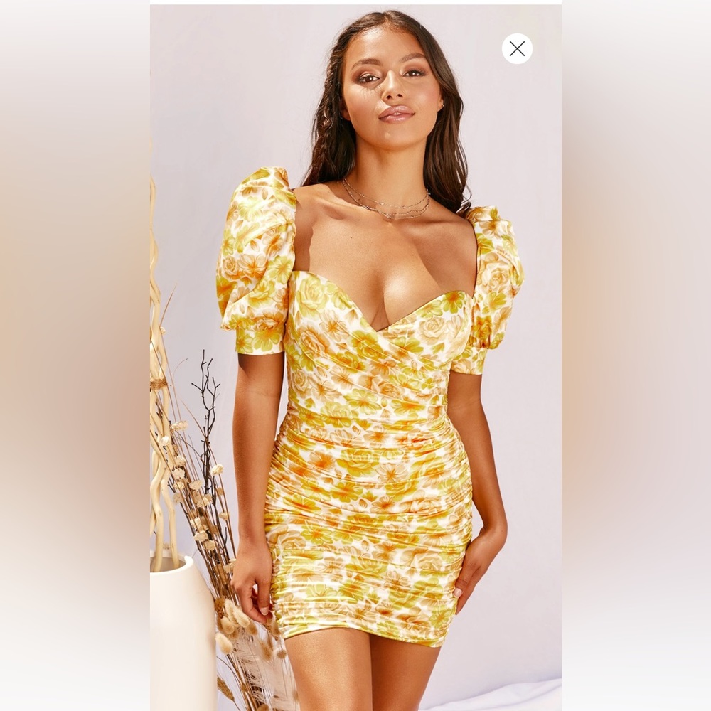 Oh Polly Yellow Ruched Bodycon Mini Dress